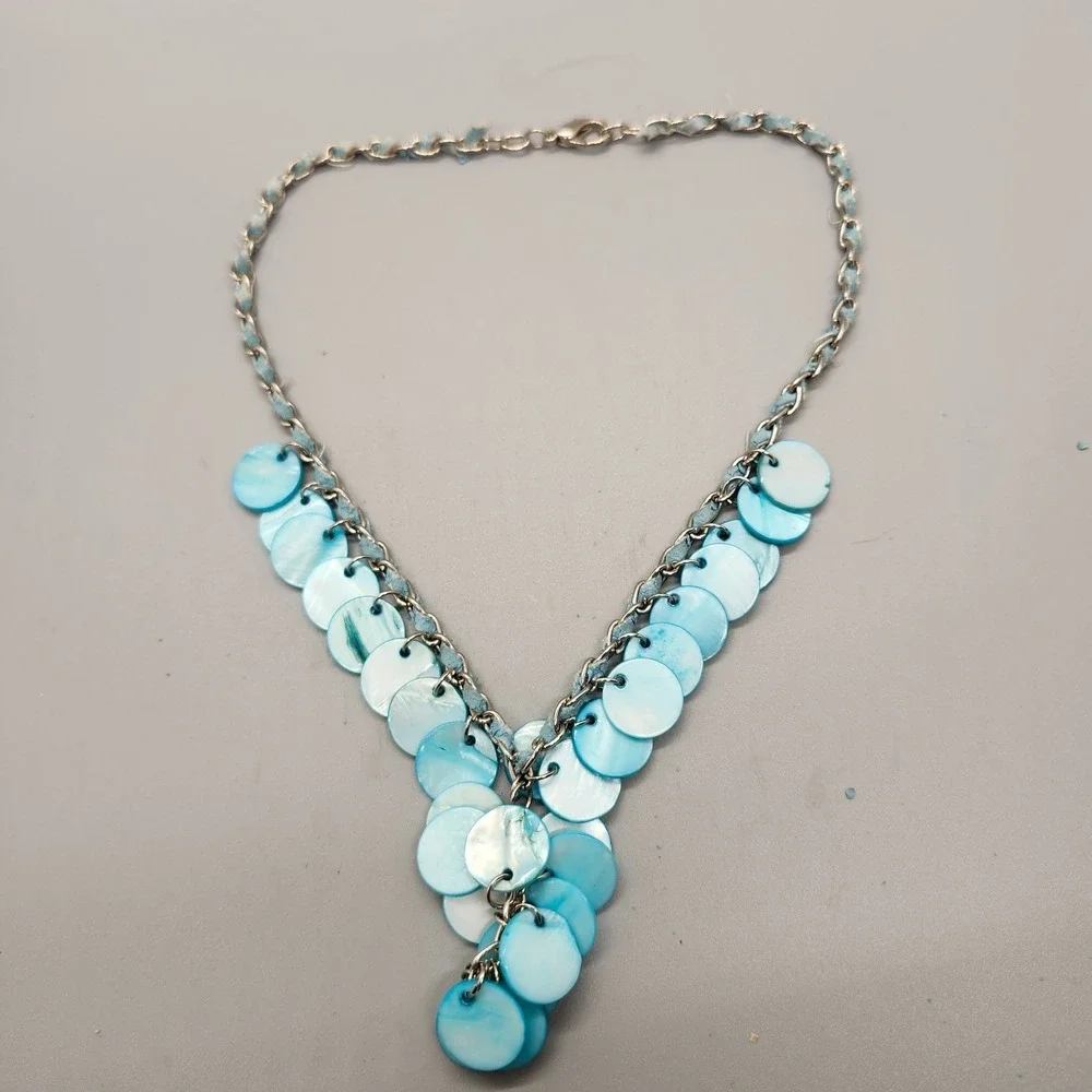Fashion Shell Statement Necklace Lariat Blue Layer Style Silver Tone Necklace
